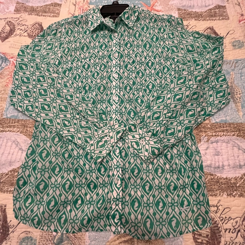 Talbots- Green/white button down blouse with seahorse design.